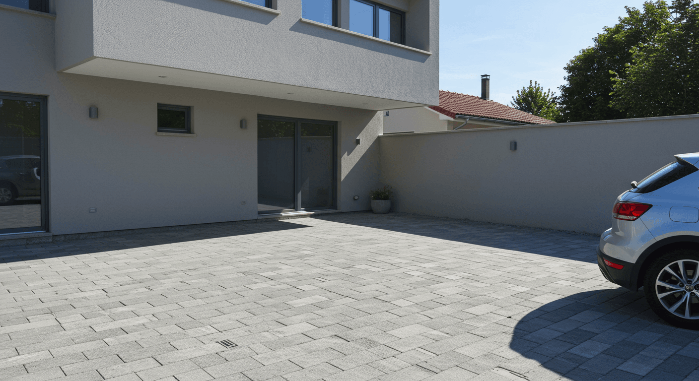 Villa girişi ve otoparkta döşeli kilitli parke taşı uygulaması