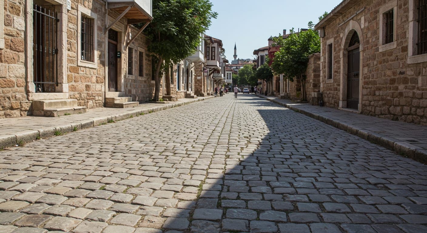 Bazalt küp taşlarla döşenmiş Arnavut kaldırımı yüzeyi, düzensiz doğal doku, Ankara