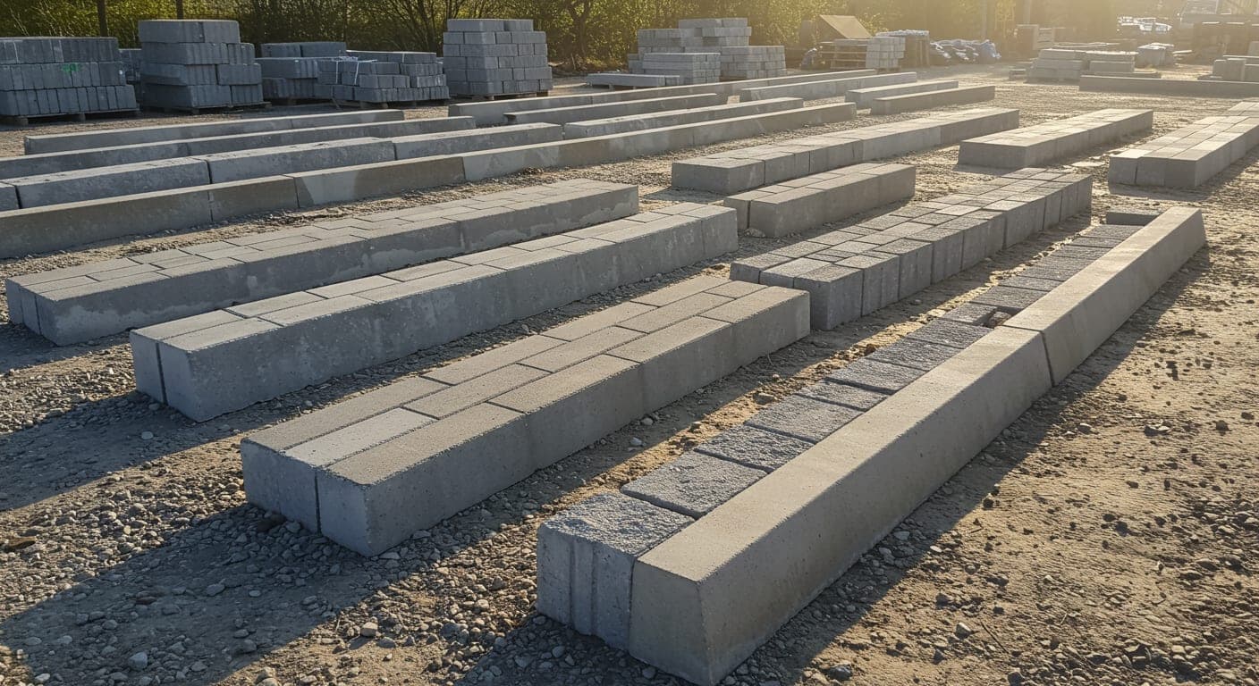 Farklı profil ve boyutlarda beton bordür çeşitleri yan yana stokta — yol, oluk ve bahçe bordürü profil kesitleri