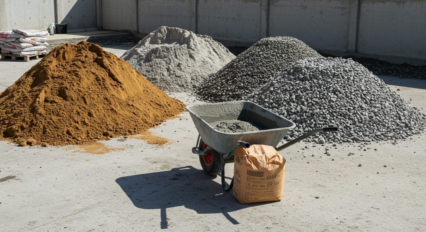 Beton karışım hazırlığı — çimento torbaları, kum ve mıcır oranları, saha dökümü