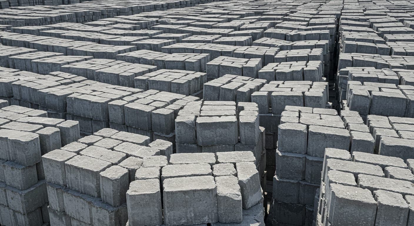 Vibropres makinesinde üretilmiş renkli beton parke taşları — katmanlı yüzey ve standart form