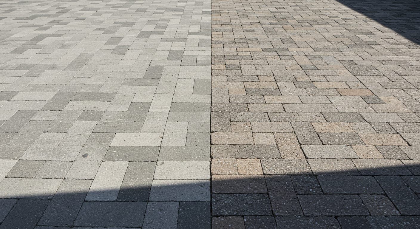 Solda beton vibropres kilit taşı döşeme, sağda granit ve andezit doğal taş zemin — iki malzeme yan yana karşılaştırma