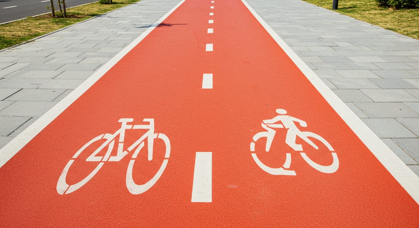 Kırmızı kaplamalı kentsel bisiklet yolu şeridi — yaya kaldırımından renkli bant ve kot farkıyla ayrılmış Ankara park güzergahı