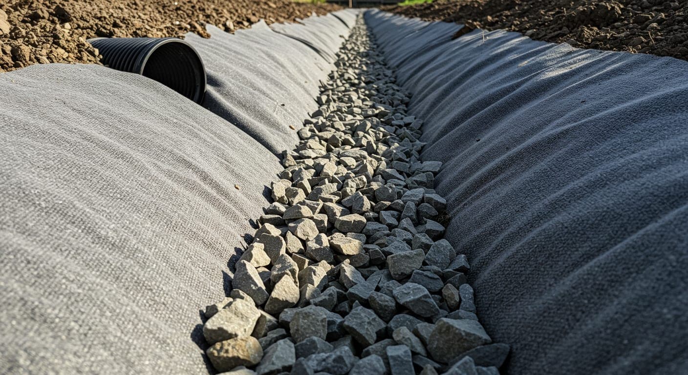 Drenaj hendek kazısında geotekstil örtü üzerine serilen yıkanmış 16/32 mm kırma mıcır