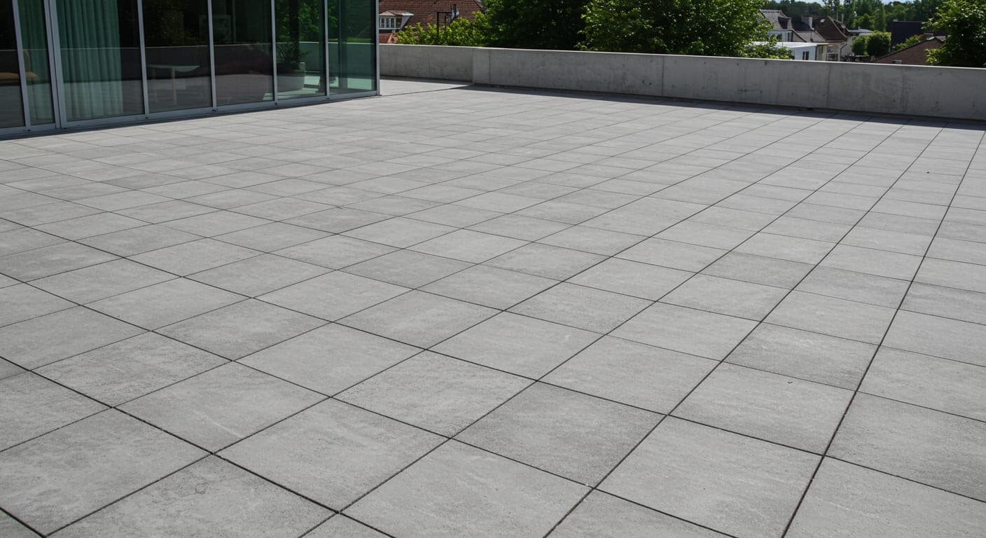 Modern villa terasında 60x60 cm geniş format beton zemin plağı döşemesi — sade derz çizgileriyle minimal dış mekan görünümü