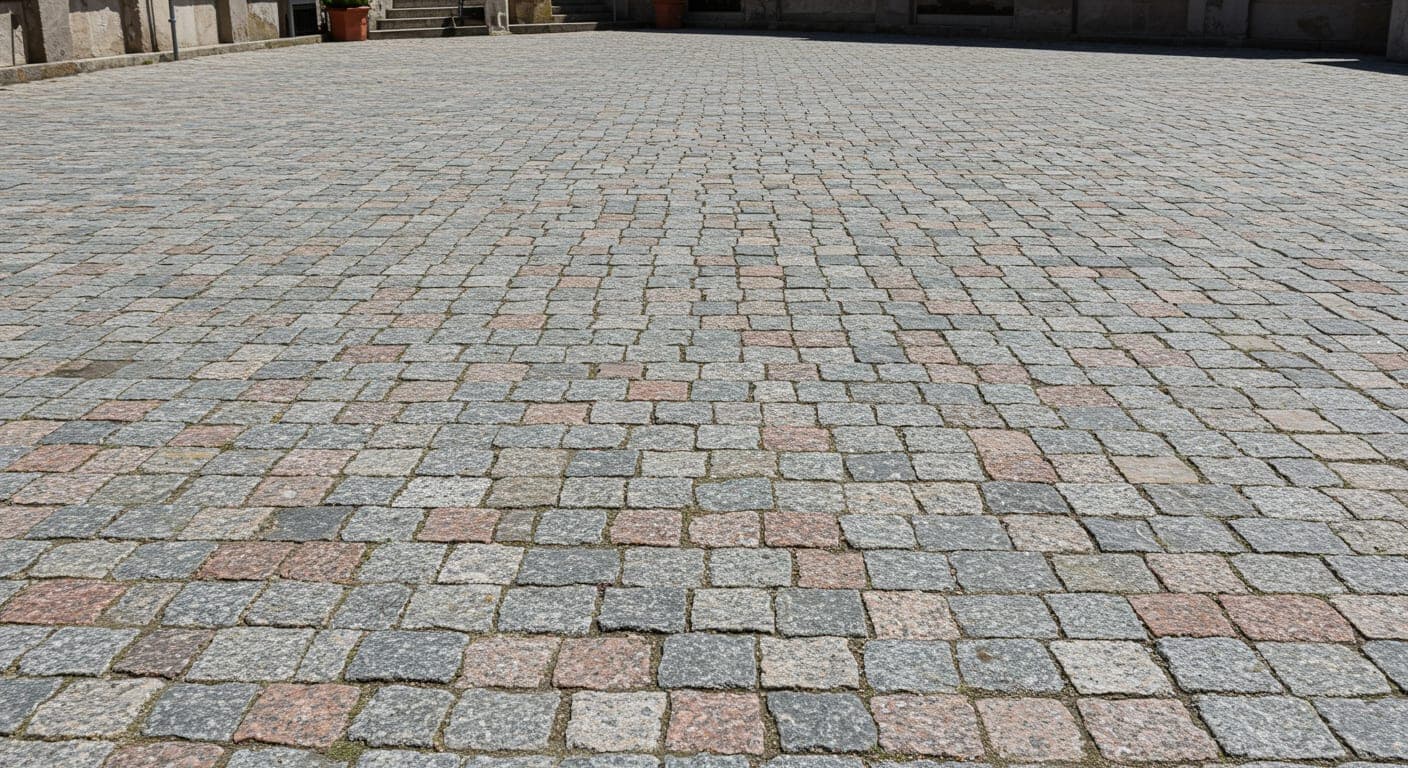 Pembe-gri granit küp taşlarla döşenmiş prestijli villa giriş yolu — alev yüzeyli doğal granit parke örneği