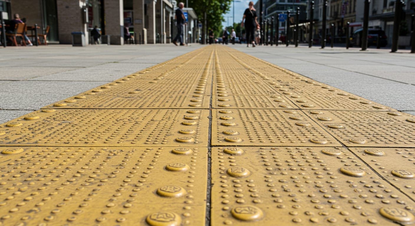 Sarı kabartmalı hissedilebilir yüzey kılavuz taş şeridi ve uyarı noktaları yaya kaldırımında