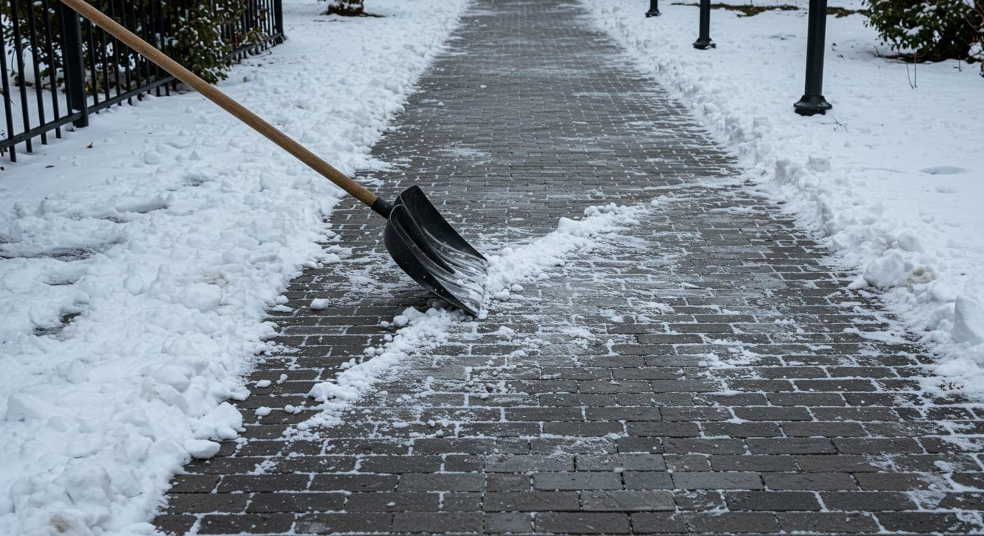 Plastik kürekle parke taşı üzerindeki karı temizleyen kişi, Ankara kış sahası