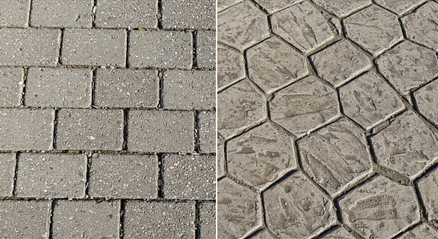 Kilit taşı ile desenli stamped beton zeminin yan yana karşılaştırması