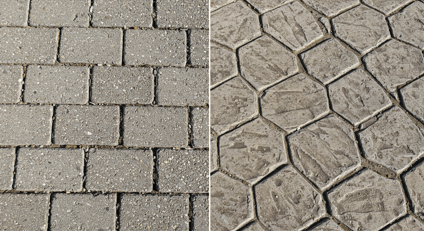 Kilit taşı ile desenli stamped beton zeminin yan yana karşılaştırması