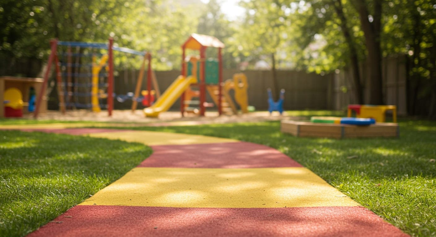 Güvenli ve kaymaz yapıya sahip, renkli desenlerle süslenmiş beton parke taşı kaplı anaokulu bahçesi zemini