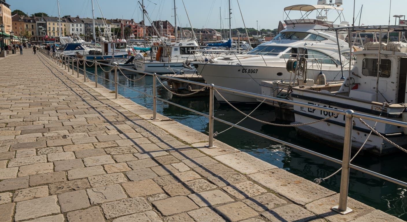 Deniz kıyısındaki modern bir marinanın beton parke taşları ile kaplanmış yürüyüş yolu ve çevre düzenlemesi görünümü.