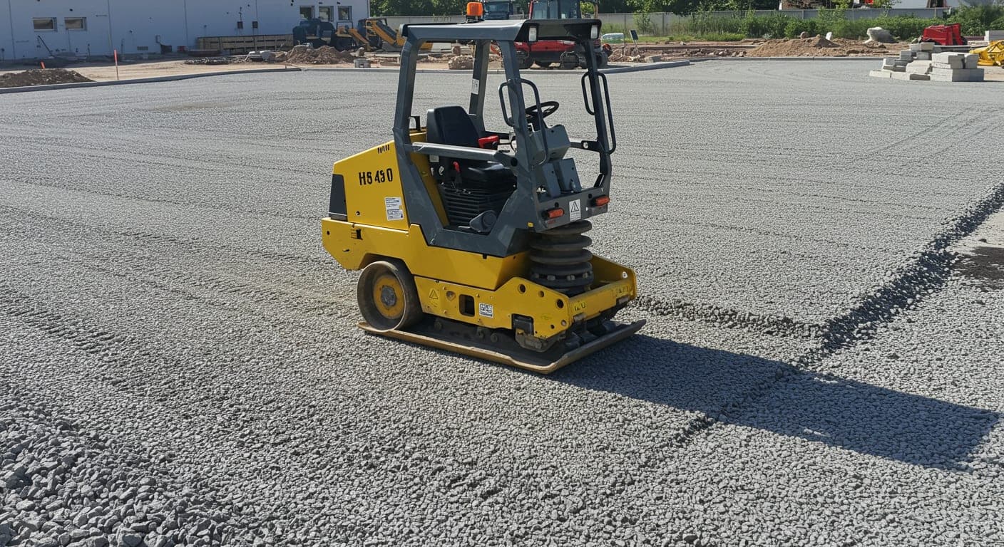 Vibro plaka kompaktörü ile sıkıştırılan kırma mıcır taban katmanı, parke taşı döşeme öncesi zemin hazırlığı