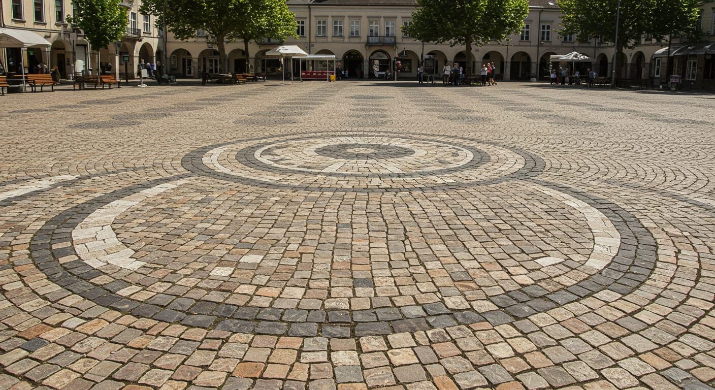 Renkli küp taşlarla oluşturulmuş dairesel madalyon mozaik zemin deseni, prestij villa giriş avlusu