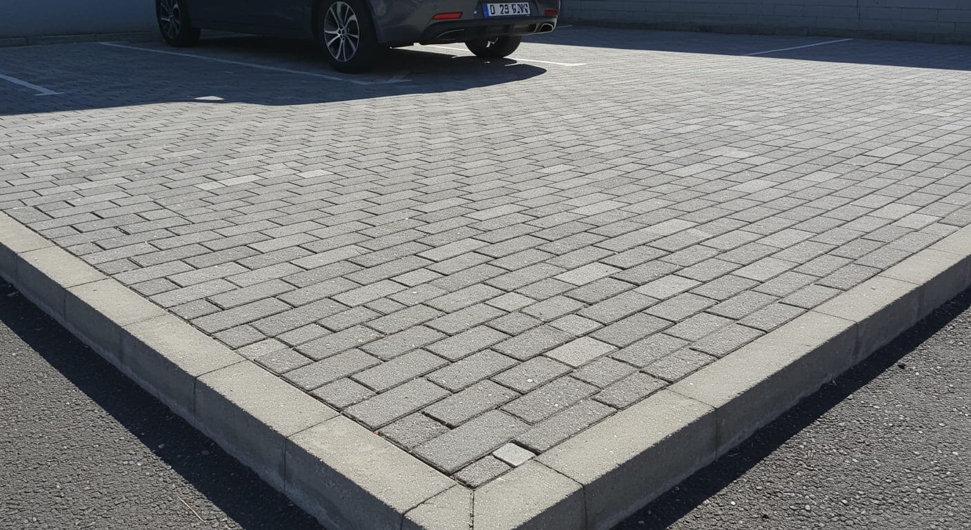 Otoparkta balıksırtı desende döşeli 8 cm kalınlıkta kilit taşı