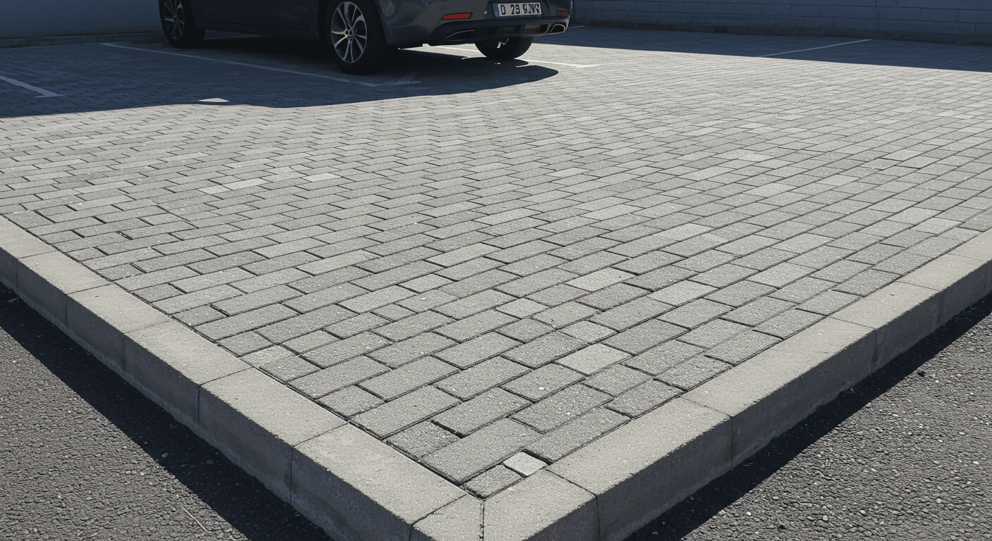 Otoparkta balıksırtı desende döşeli 8 cm kalınlıkta kilit taşı
