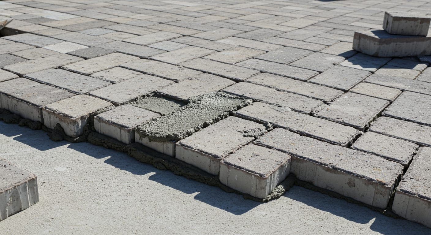 Beton şap üzerine yapıştırıcıyla döşenen parke taşı ve tam dolu fuga derzleri yakın plan