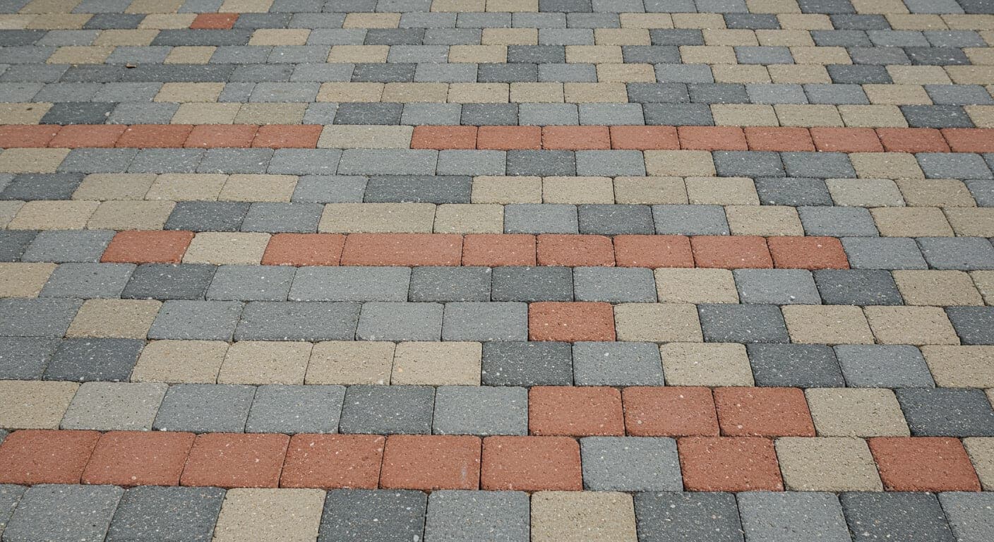 Bahçe yolunda yan yana dizilmiş antrasit, kiremit ve kum rengi parke taşları