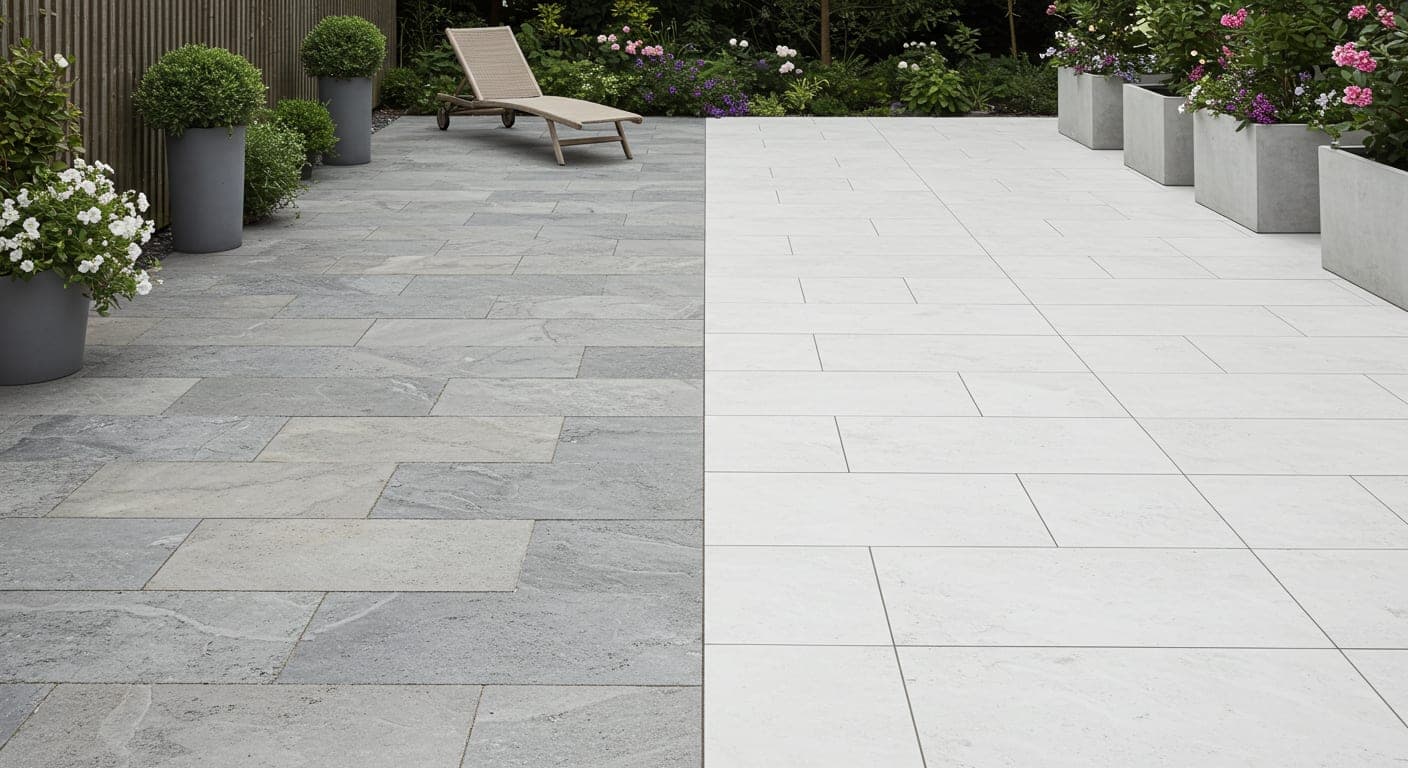 Bölünmüş bahçe zemininde solda klasik beton parke taşı döşeme, sağda modern 20mm dış mekan porselen karo karşılaştırması