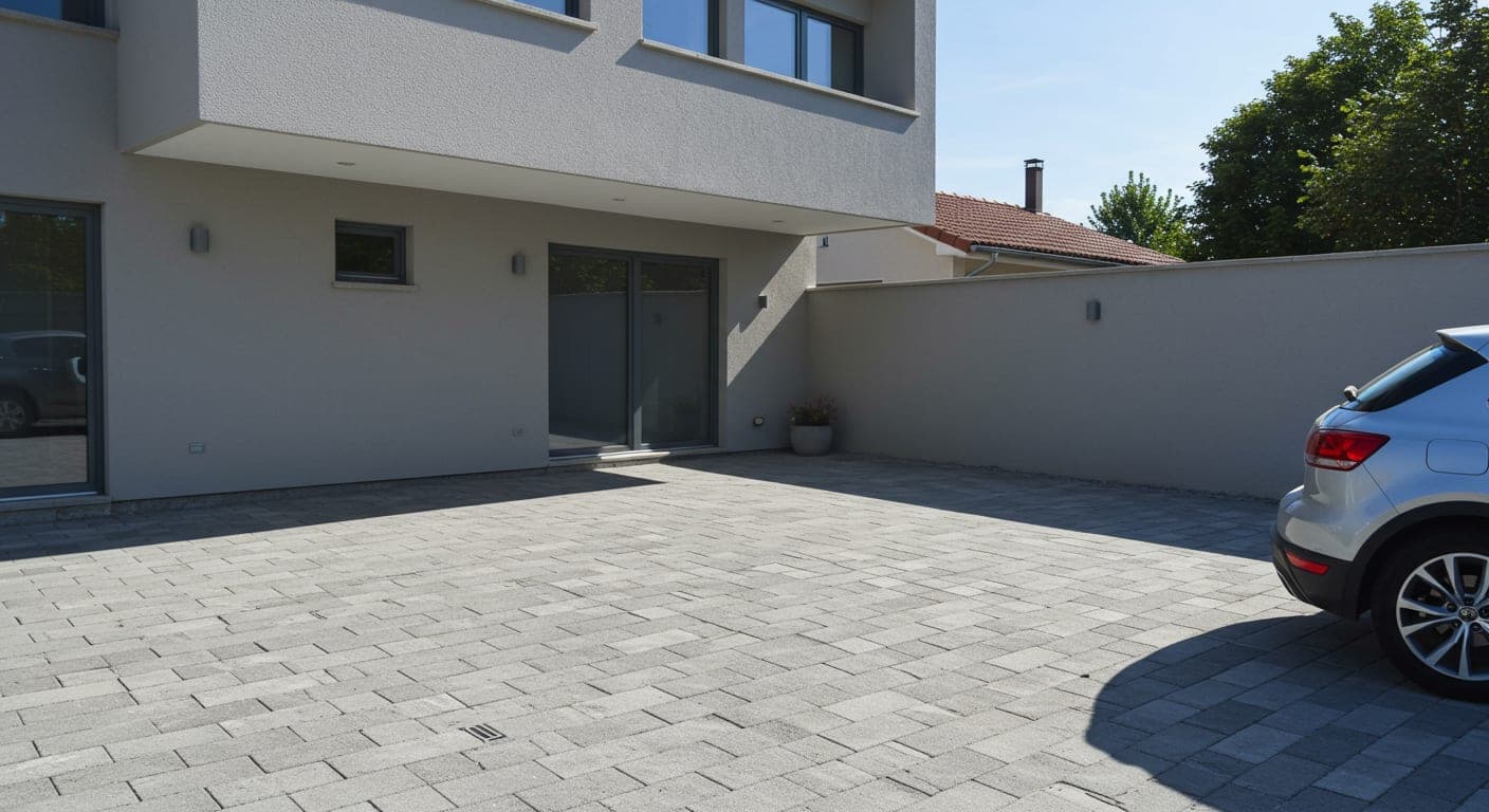 Villa girişi ve otoparkta döşeli kilitli parke taşı uygulaması