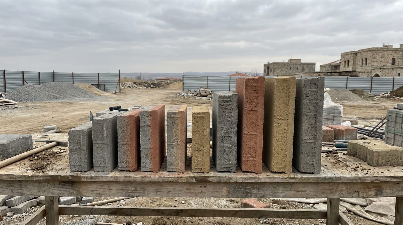 Tezgâhta dik duran farklı kalınlıktaki parke taşları; kesitleri yan yana kıyaslanıyor