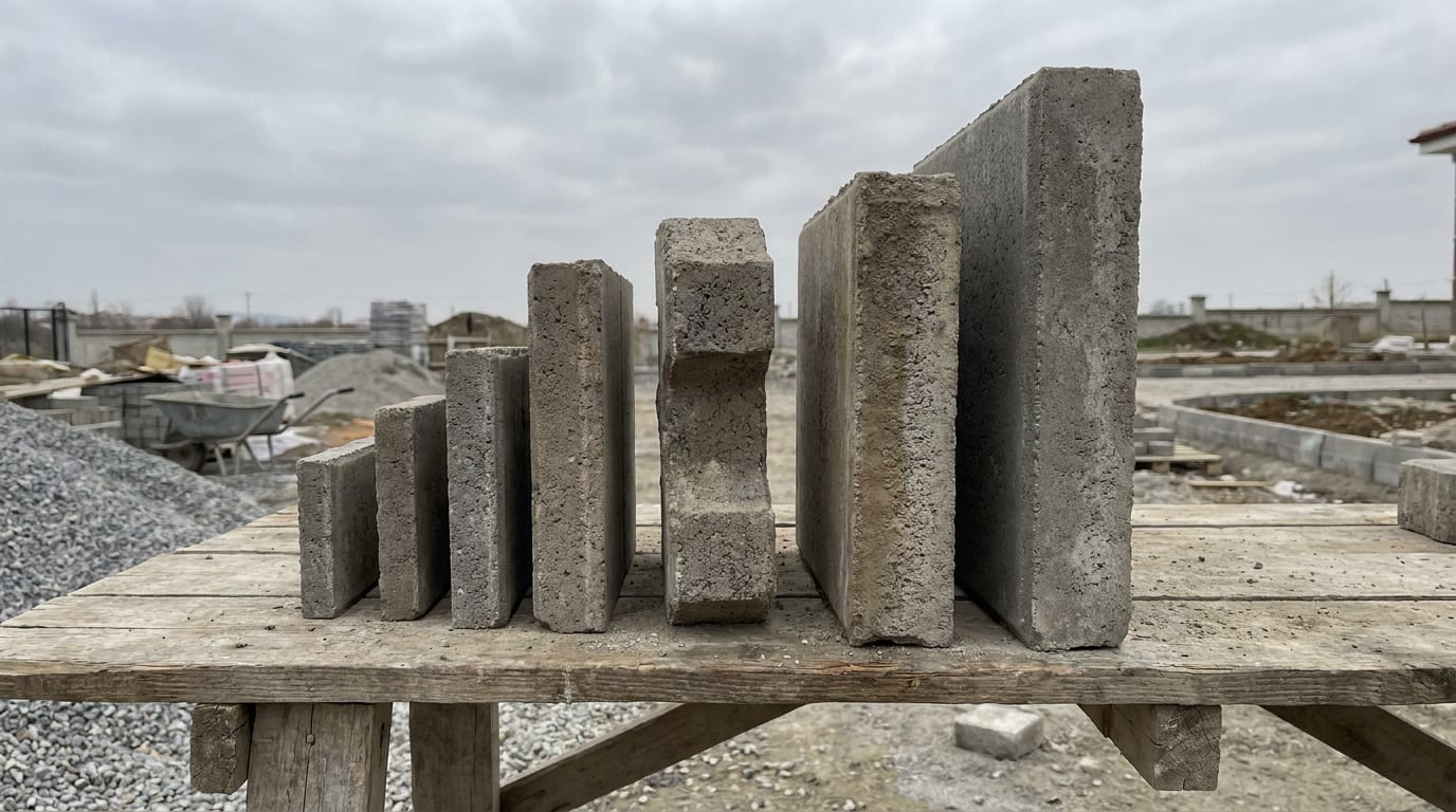 Tezgâhta dik duran farklı kalınlıktaki parke taşları; kesitleri yan yana kıyaslanıyor