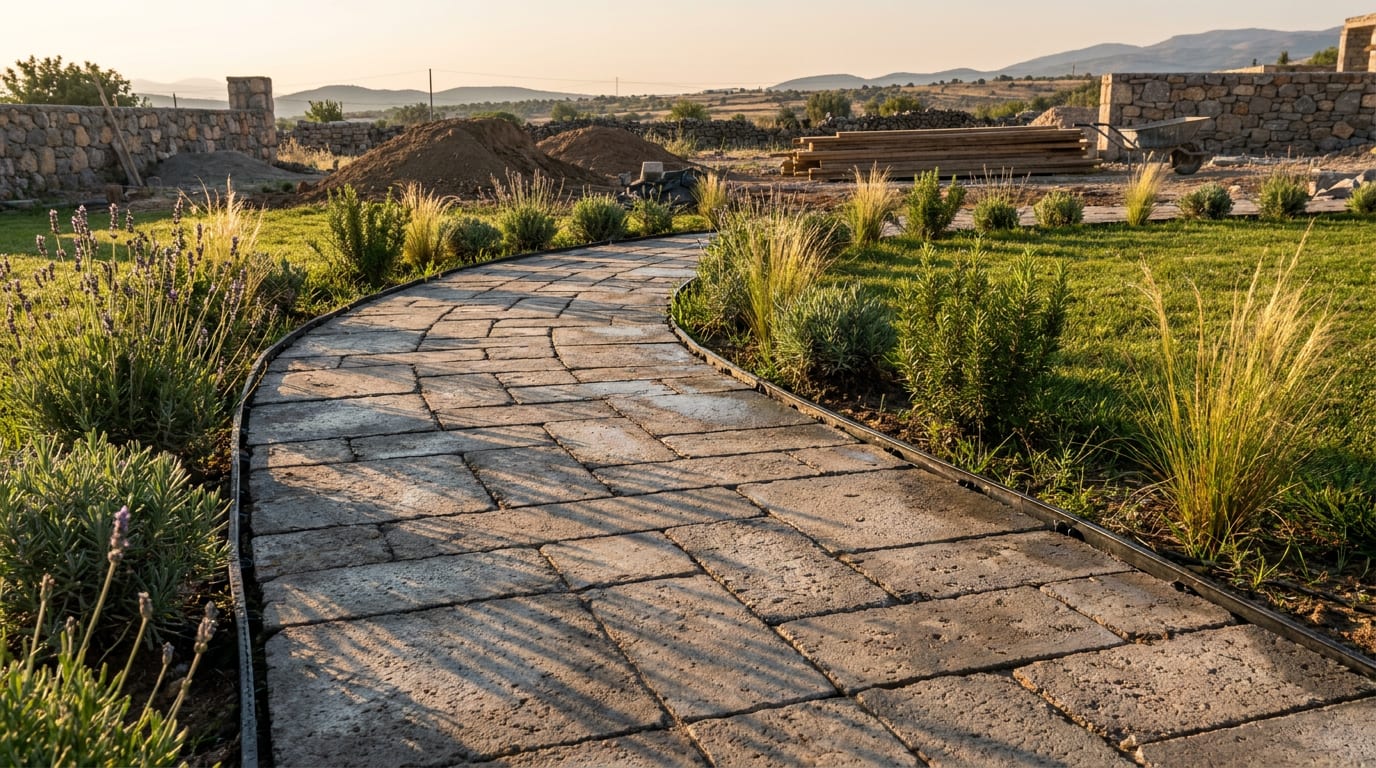 Bitki şeridiyle çim arasında kıvrılan parke taşı bahçe yolu ve kenar sınırlaması