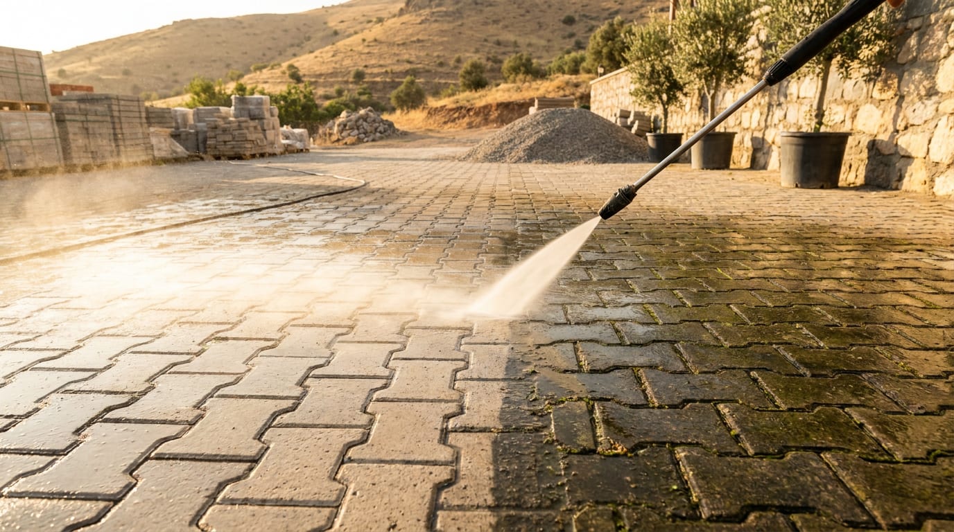 Basınçlı suyla yıkanan araç yolu; temizlenen parlak yarı ile kirli yarı arasında keskin sınır