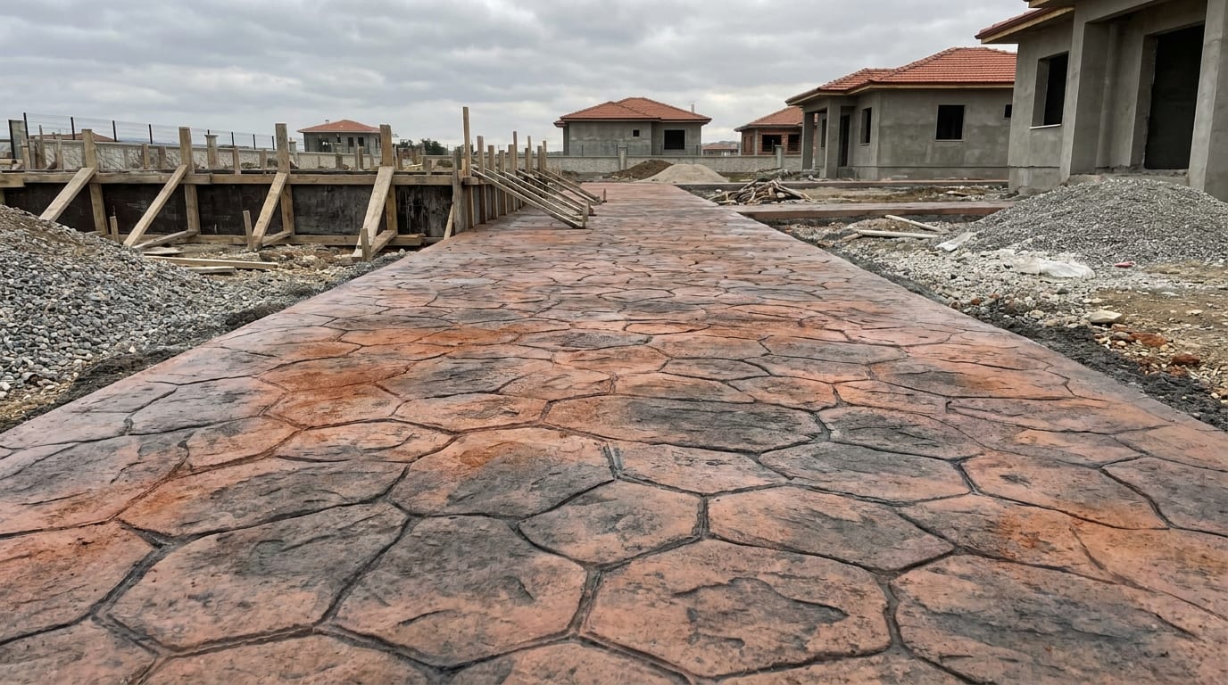 Taş desenli kalıpla basılmış beton yüzey; kalıp kabartması hâlâ keskin