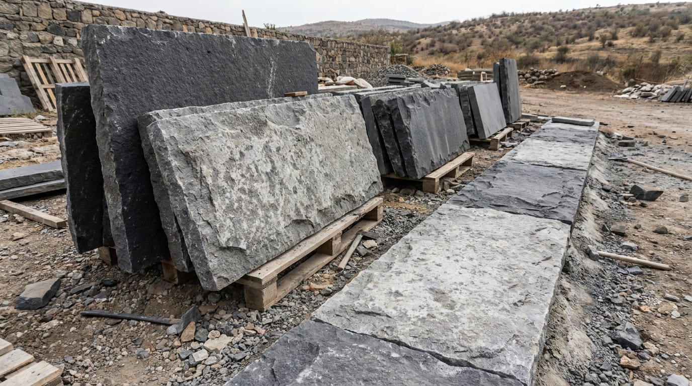 Koyu bazalt ve gri andezit plakaların istifi; yüzeylerde yakma doku görünüyor