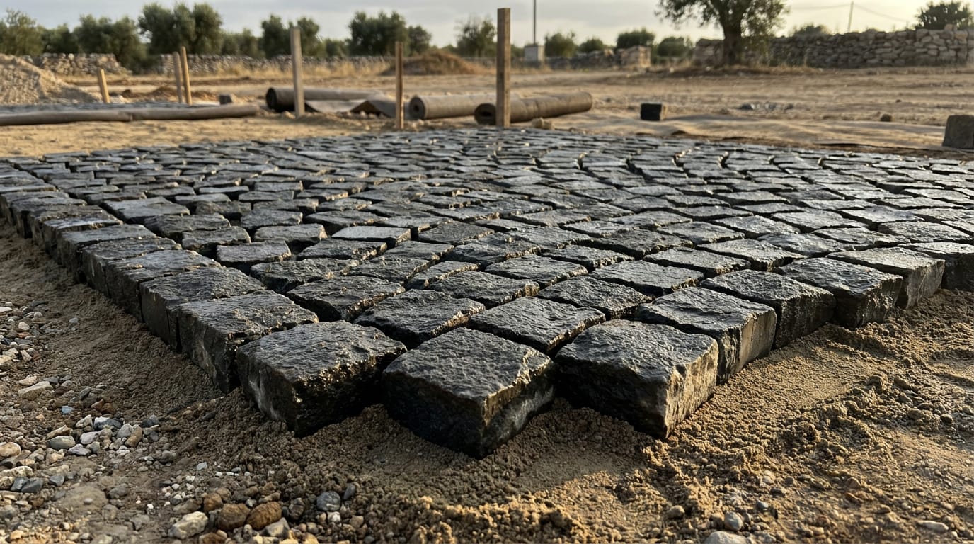 Kum yatak üzerine yelpaze deseninde dizilmiş bazalt küp taşlar; yarma yüzeyleri kaba