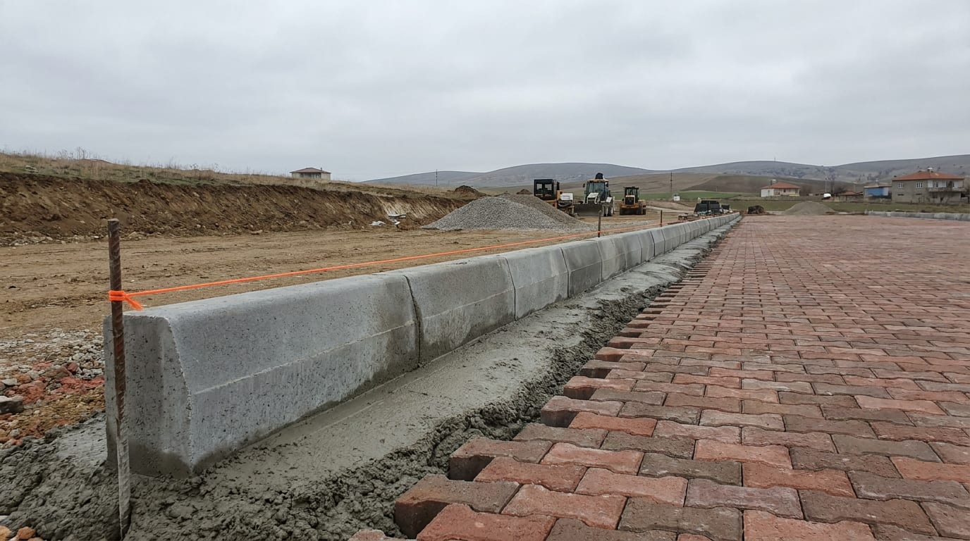 Parke alanının kenarına harç yatağına oturtulmuş beton bordür ve gerili ip hattı