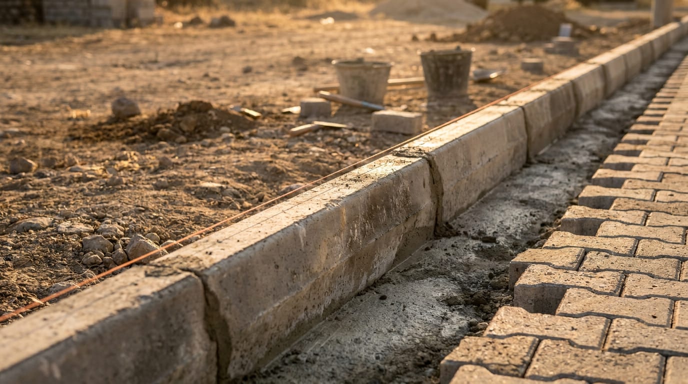 Parke alanının kenarına harç yatağına oturtulmuş beton bordür ve gerili ip hattı