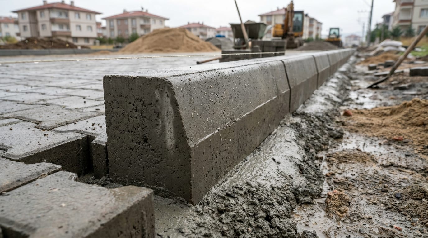 Parke alanının kenarına harç yatağına oturtulmuş beton bordür ve gerili ip hattı