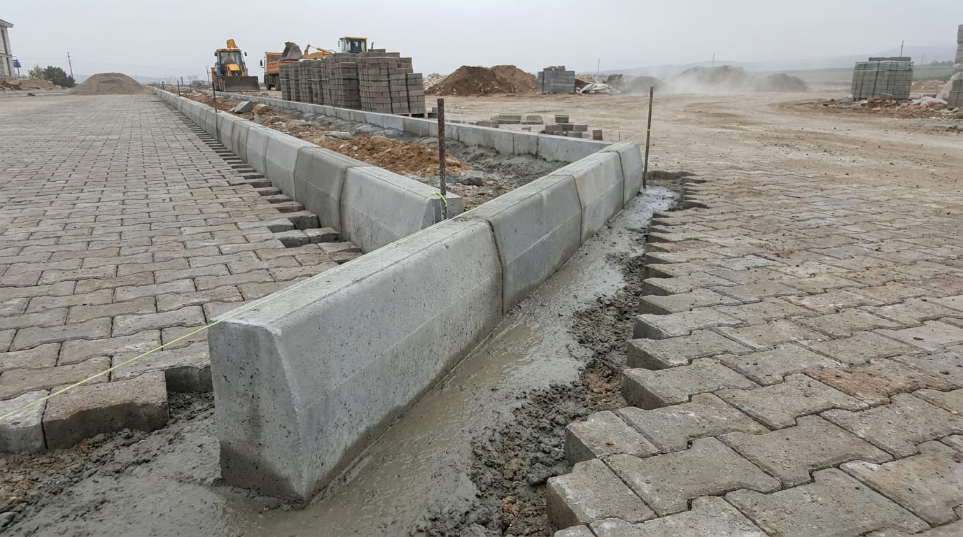 Parke alanının kenarına harç yatağına oturtulmuş beton bordür ve gerili ip hattı