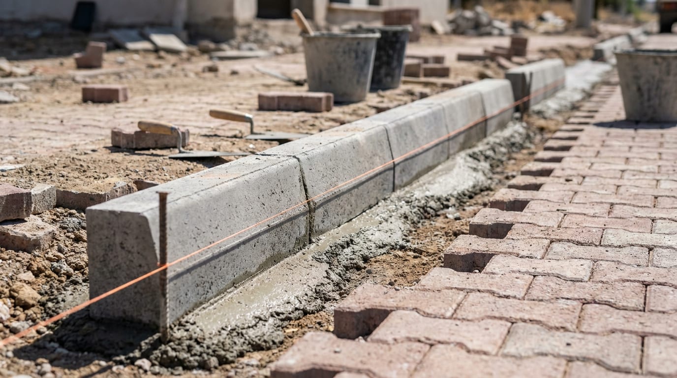 Parke alanının kenarına harç yatağına oturtulmuş beton bordür ve gerili ip hattı