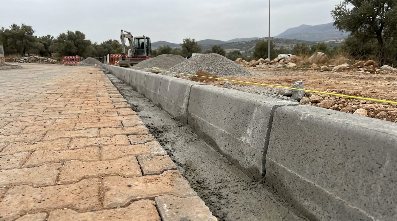 Parke alanının kenarına harç yatağına oturtulmuş beton bordür ve gerili ip hattı