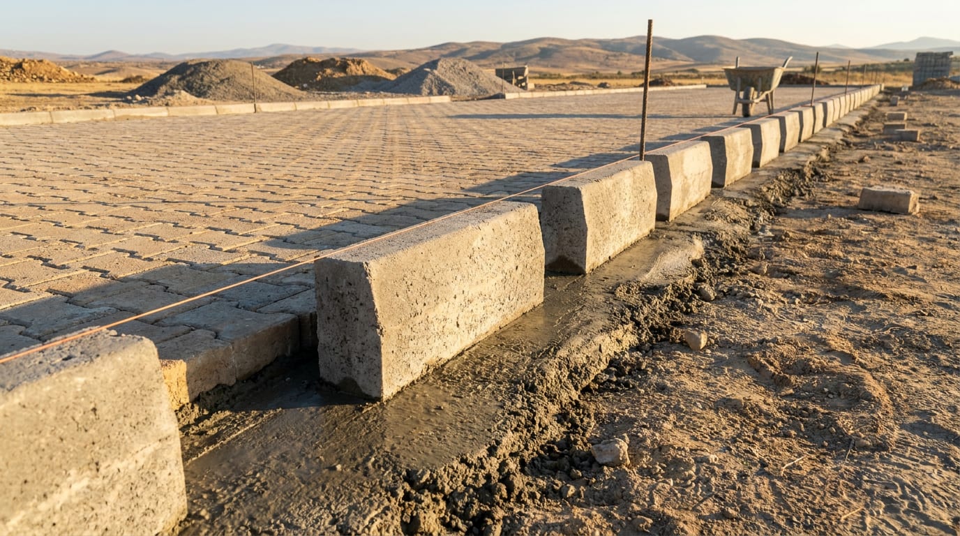 Parke alanının kenarına harç yatağına oturtulmuş beton bordür ve gerili ip hattı