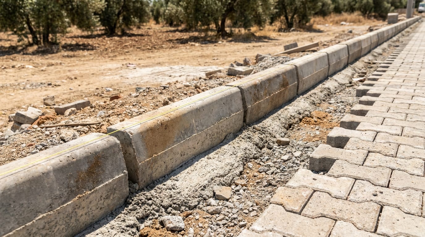 Parke alanının kenarına harç yatağına oturtulmuş beton bordür ve gerili ip hattı