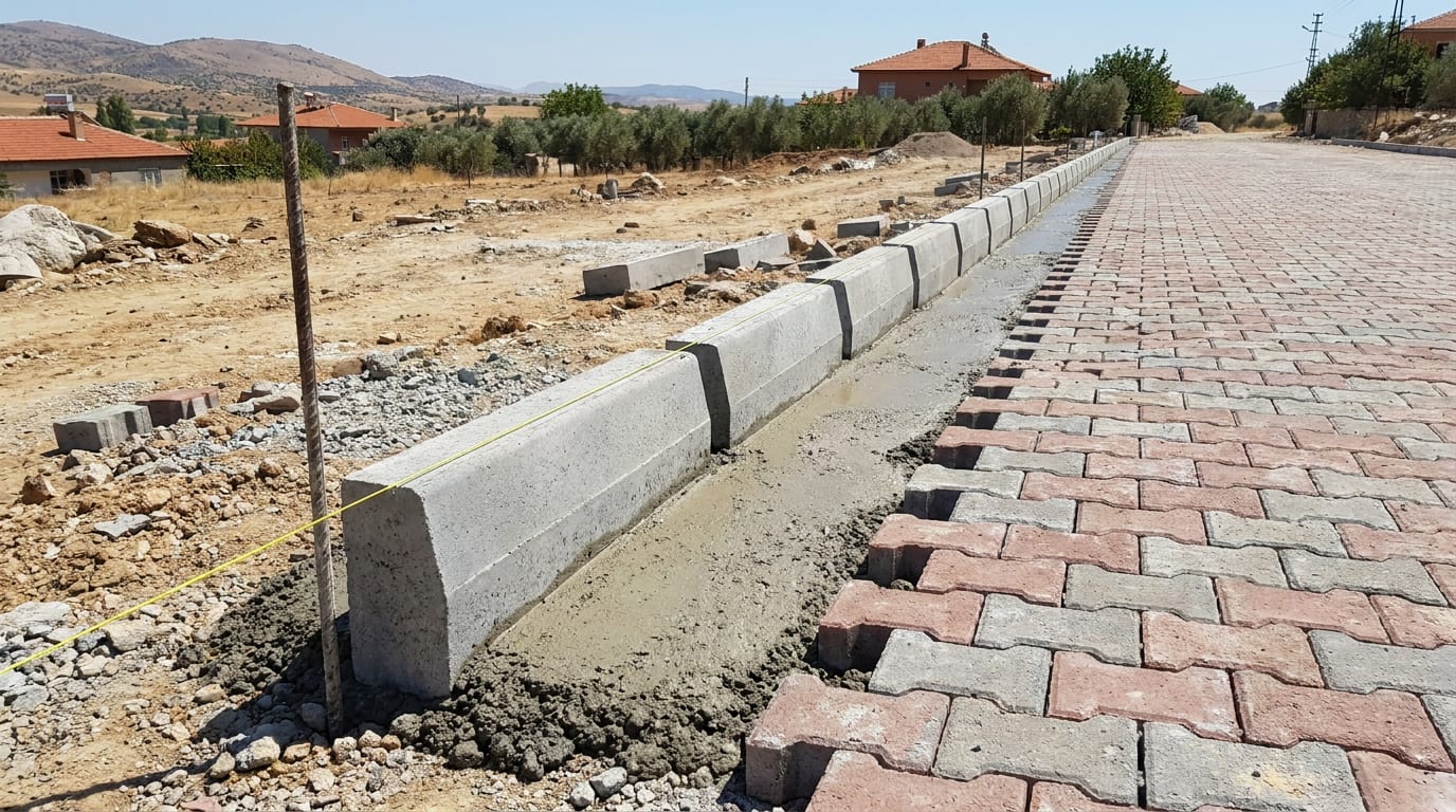 Parke alanının kenarına harç yatağına oturtulmuş beton bordür ve gerili ip hattı