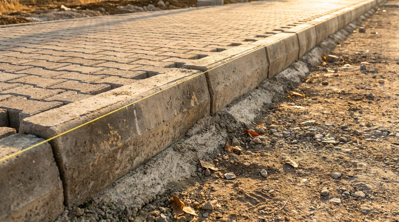 Parke alanının kenarına harç yatağına oturtulmuş beton bordür ve gerili ip hattı
