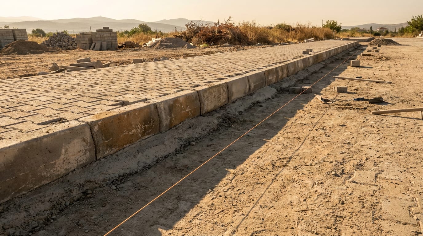 Parke alanının kenarına harç yatağına oturtulmuş beton bordür ve gerili ip hattı