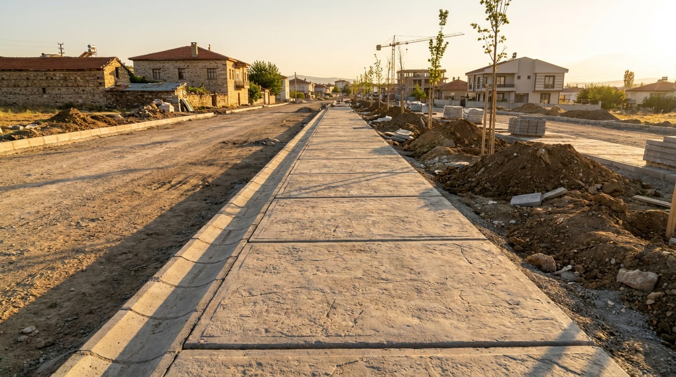 Bordür hattı boyunca uzanan büyük beton plaka kaldırım