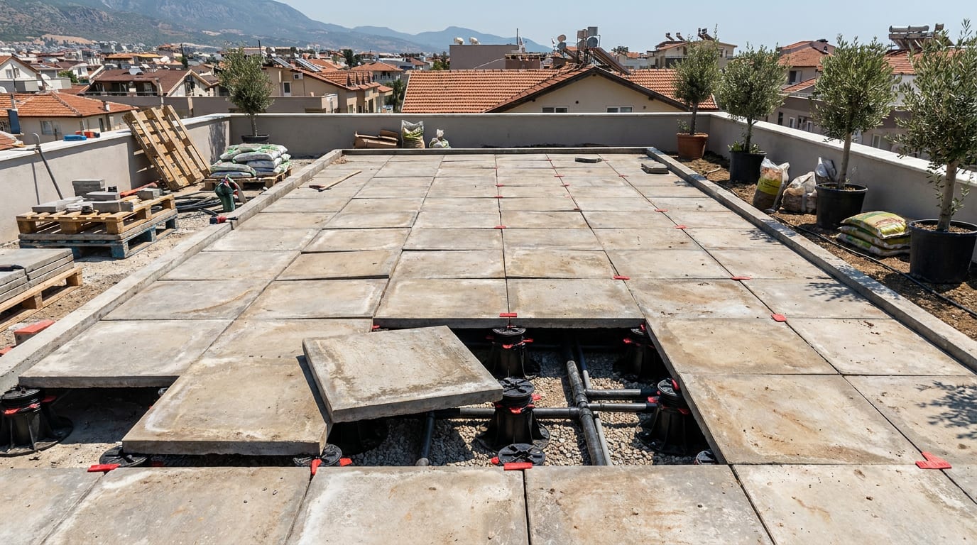 Ayarlı kaideler üzerine oturtulmuş büyük plakalı çatı terası; bir plaka kaldırılıp kaide görünüyor