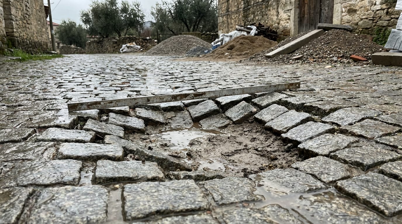 Çökmüş ve eğilmiş taşların olduğu eski döşeme; üzerine konan mastar çukuru gösteriyor