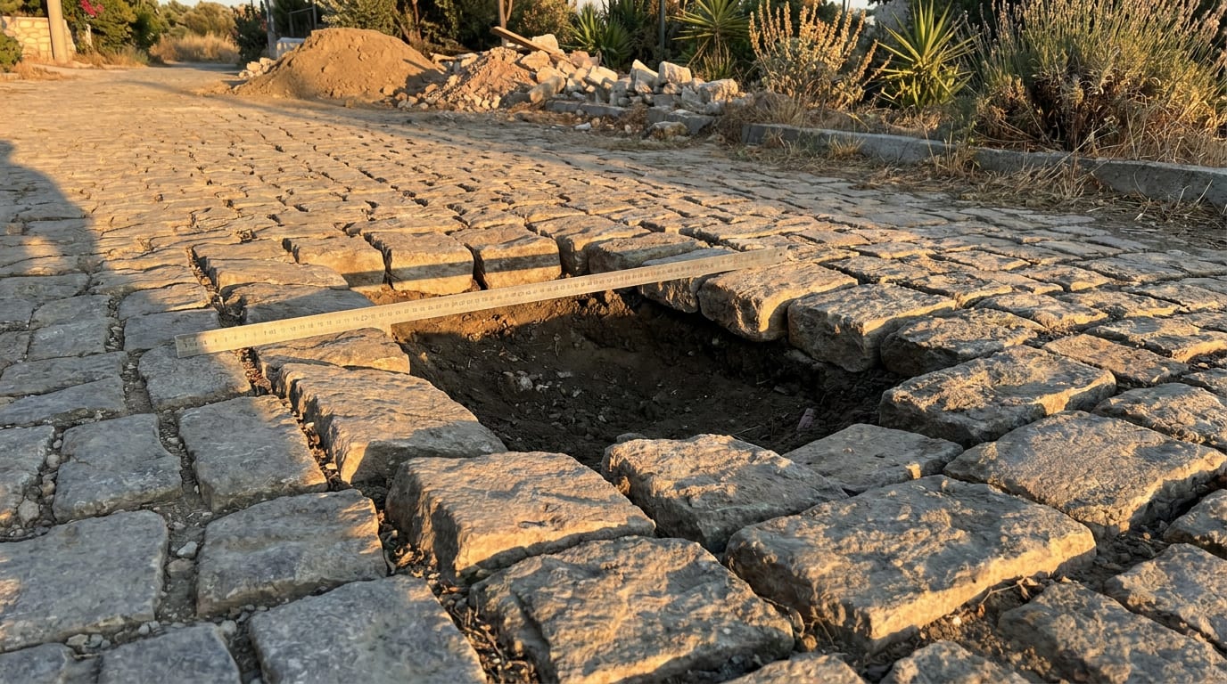Çökmüş ve eğilmiş taşların olduğu eski döşeme; üzerine konan mastar çukuru gösteriyor