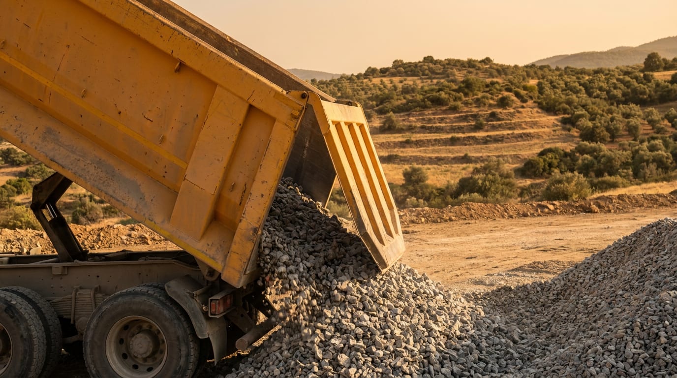 Şantiye kenarına damperinden kırmataş boşaltan kamyon