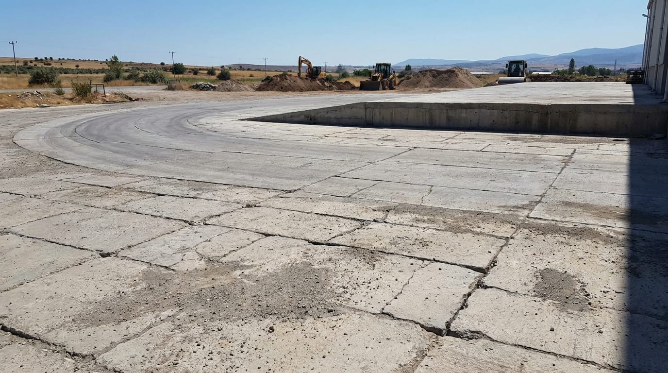 Kalın parke taşıyla döşenmiş depo yükleme önü; geniş dönüş alanı ve rampa kenarı