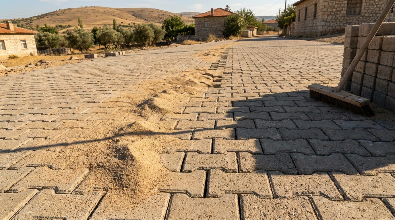 Döşenmiş parke taşlarının derzlerine süpürülen ince kum; yarısı dolu, yarısı açık