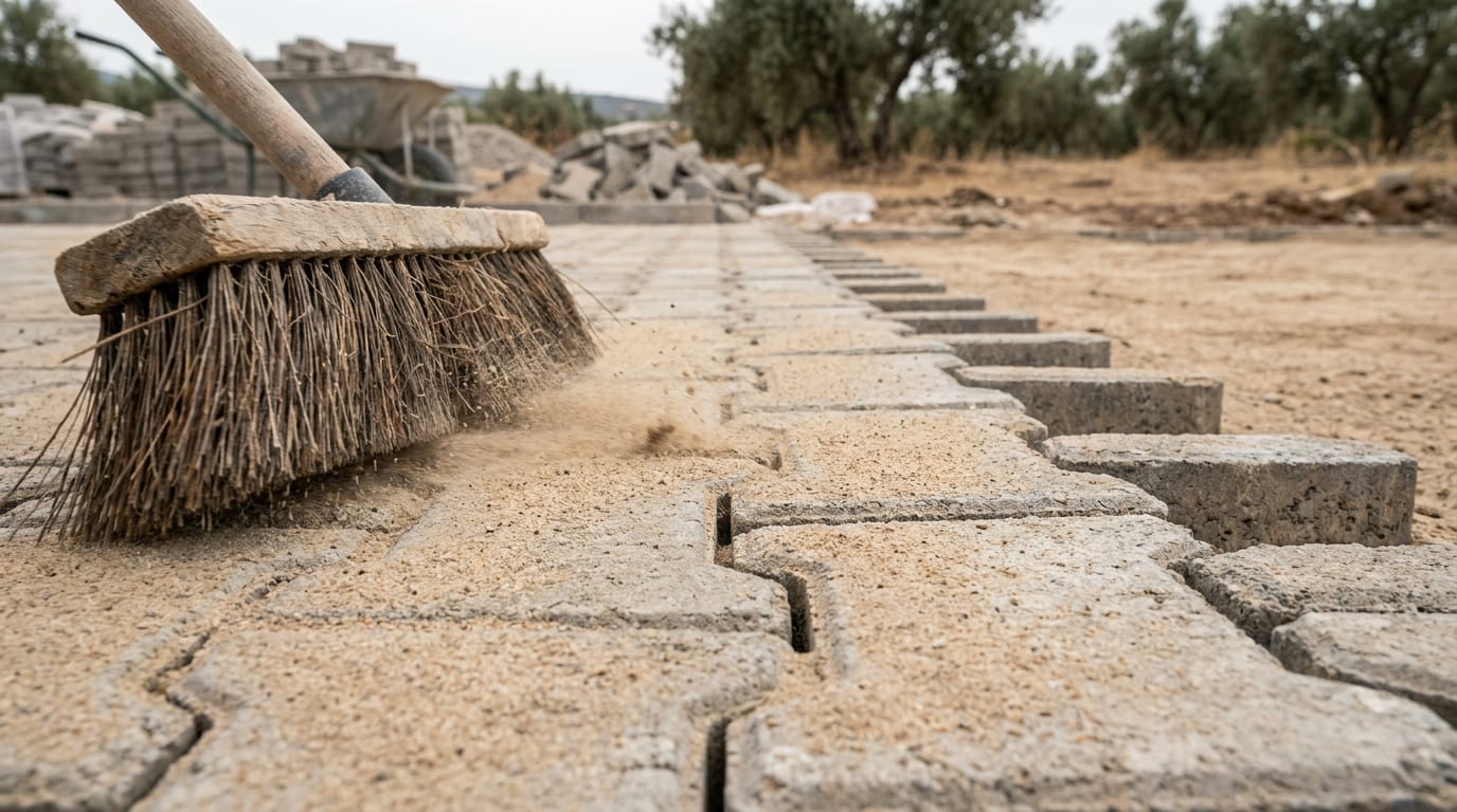 Döşenmiş parke taşlarının derzlerine süpürülen ince kum; yarısı dolu, yarısı açık